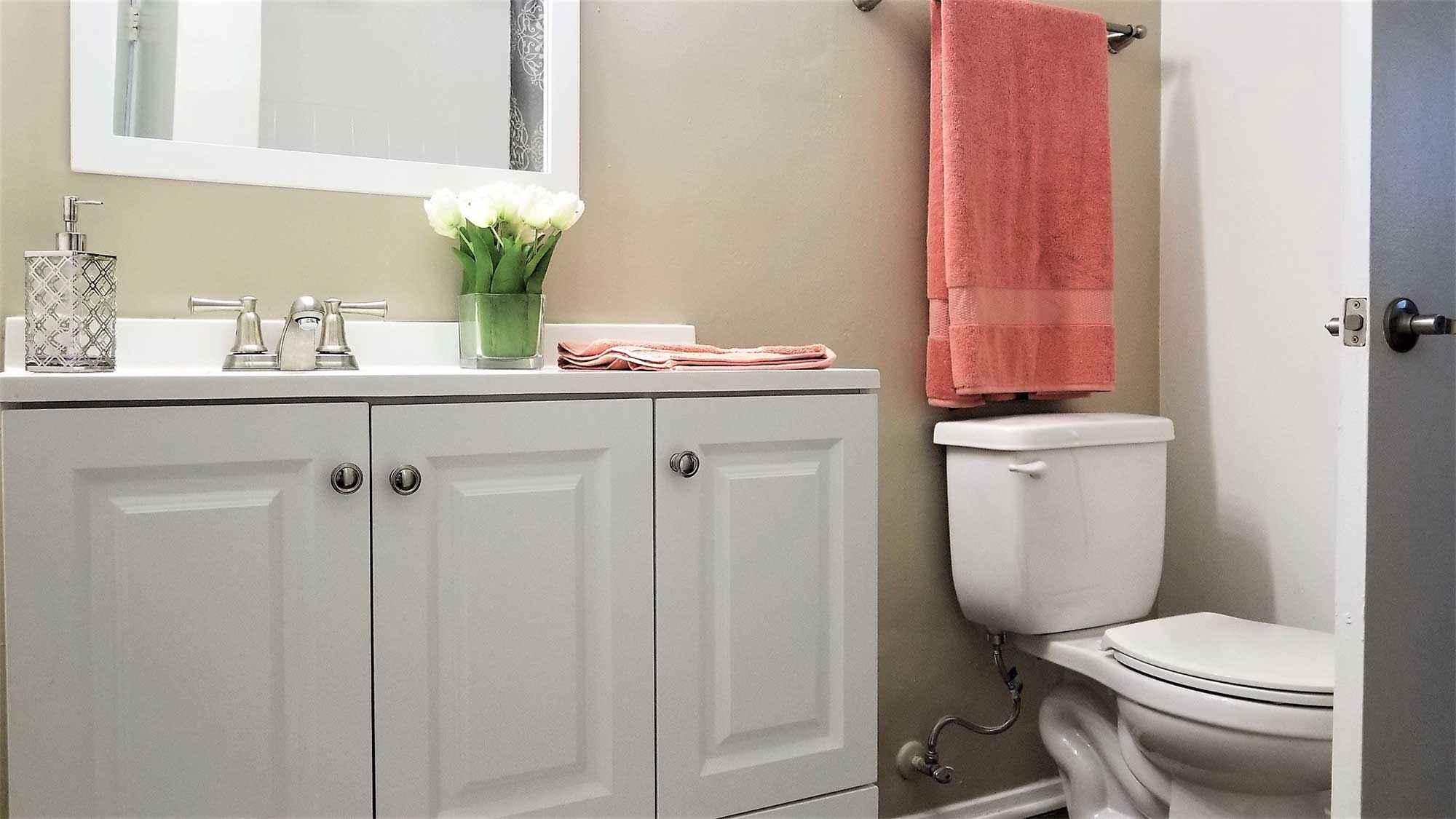 bathroom sink toilet shower curtain at Terraces